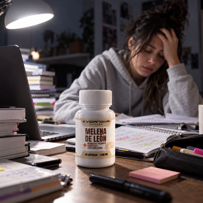 Antes: joven con la mente nublada estudiando frente a pantallas